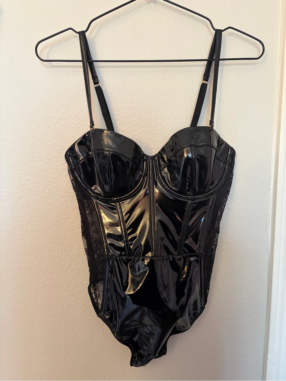 NWT Victoria's Secret Black Pleather Lace-Back Bustier Bodysuit